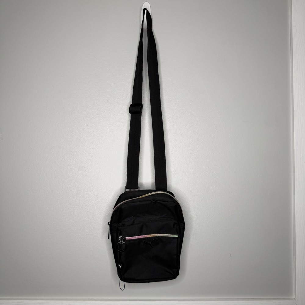 Puma Crossbody Bag Unisex Small Black Iridescent Rainbow Zipper Sport Messenger